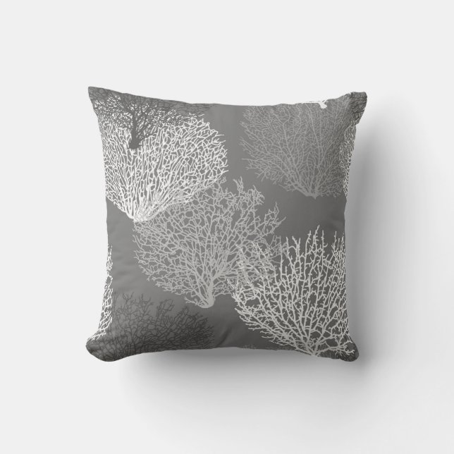 Fan Coral Print, Shades of Silver Grey / Grey Throw Pillow (Front)