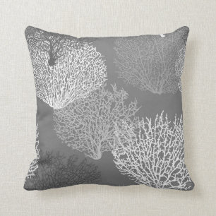 Fan Coral Print, Shades of Silver Grey / Grey Throw Pillow