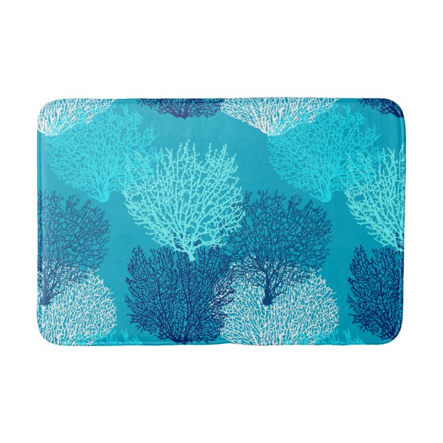 Fan Coral Print, Turquoise, Aqua and Cobalt Blue Bath Mat (Front)