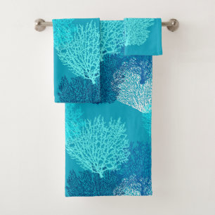 Fan Coral Print, Turquoise, Aqua and Cobalt Blue  Bath Towel Set