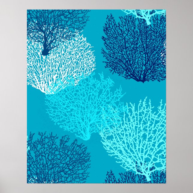 Fan Coral Print, Turquoise, Aqua and Cobalt Blue Poster (Front)