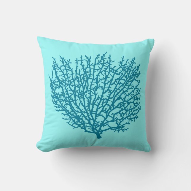 Fan Coral Print, Turquoise on an aqua background Throw Pillow (Front)