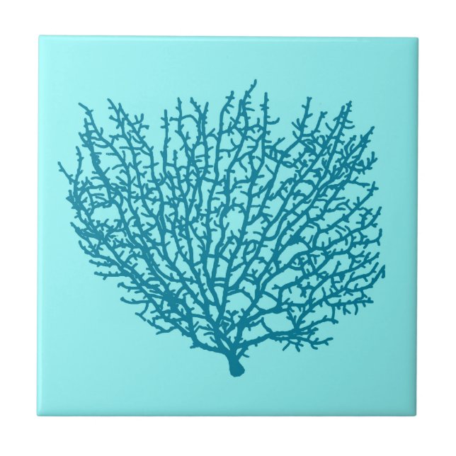 Fan Coral Print, Turquoise on an aqua background Tile (Front)