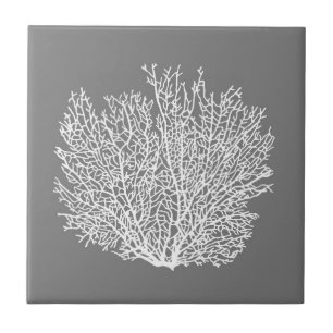 Fan Coral Print, White on Medium Grey / Grey Tile