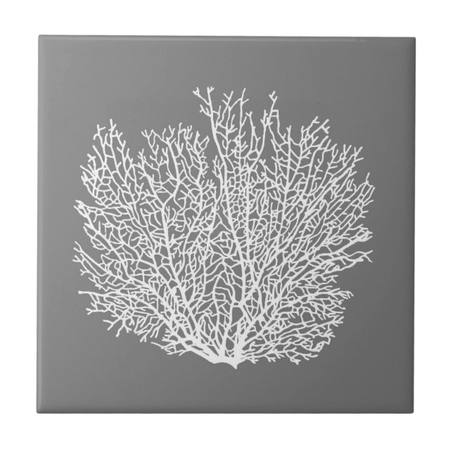 Fan Coral Print, White on Medium Grey / Grey Tile (Front)