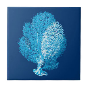 Fan Coral Sea Life Print, Indigo Blue and White Tile