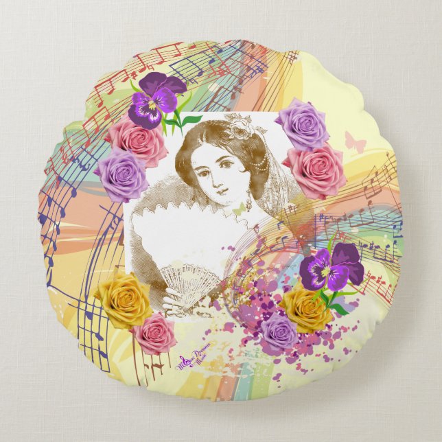 Fan vintage Lady Musique & Fleurs Coussin rond Jau (Devant)