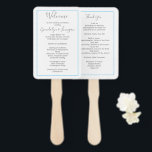Fan Wedding Program Template White Rectangle<br><div class="desc">Minimalist fan wedding programs on a stick. White board with grey text templates in modern handwritten fonts to personalize for your event. Once the cards are attached to the stick, text will be on both sides. A thin, aqua blue line frames the text for a simple presentation that will match...</div>