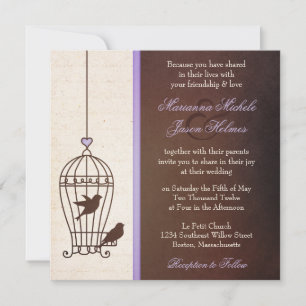 Fanciful Bird Cage - Lavender & Brown Squa Wedding Invitation