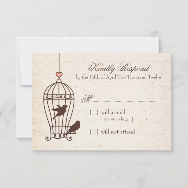 Fanciful Bird Cage - Pink & Chocolate Wedding RSVP Card (Front)