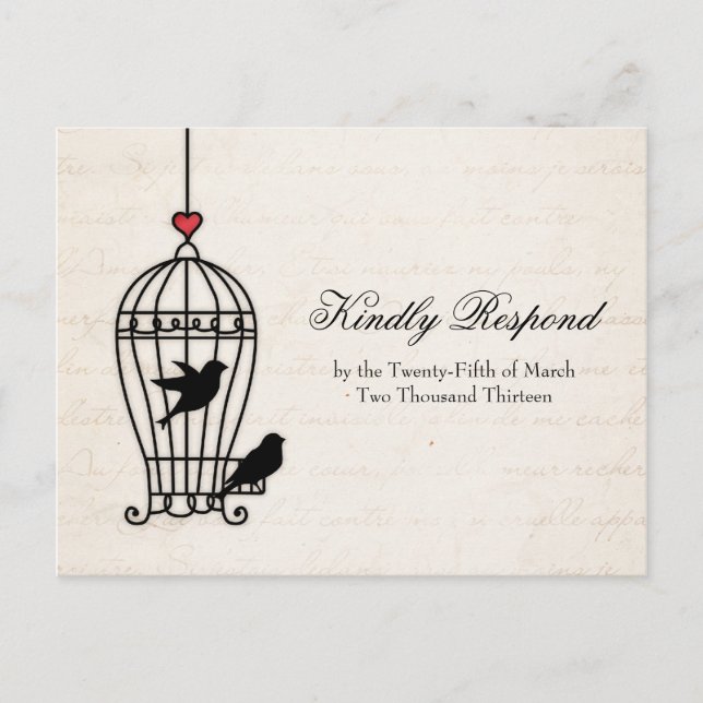 Fanciful Bird Cage & Romantic Heart Wedding RSVP Invitation Postcard (Front)