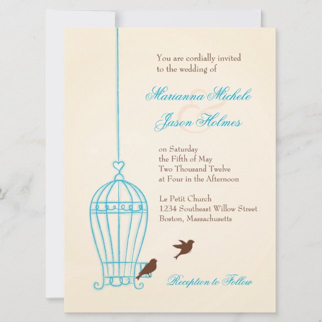 Fanciful Bird Cage Teal & Chocolate Wedding Invitation (Front)