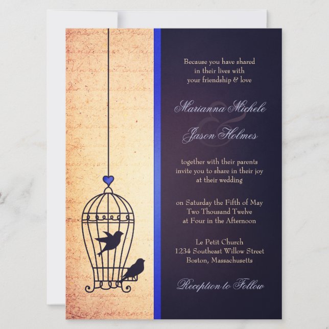 Fanciful Bird Cage with Blue Ribbon Wedding Invitation (Front)