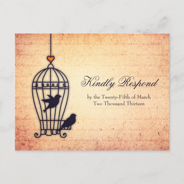 Fanciful Bird Cage with Gold Heart Wedding RSVP Invitation Postcard (Front)