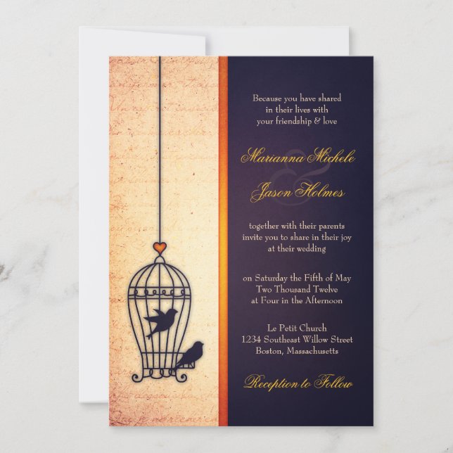 Fanciful Bird Cage with Gold Ribbon Wedding Invitation (Front)