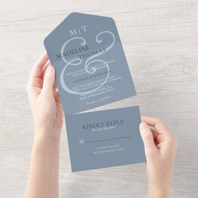 Fanciful Dusty Blue Ampersand Calligraphy Wedding All In One Invitation (Tearaway)