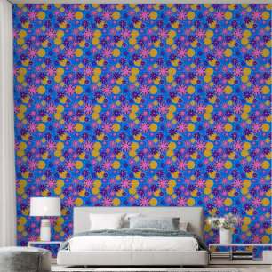 Fanciful Flowers on Blue Wallpaper
