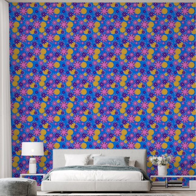 Fanciful Flowers on Blue  Wallpaper (Bedroom)