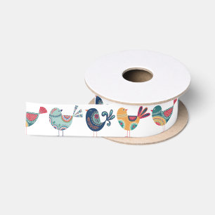 Fanciful Hand-painted Birds Satin Ribbon