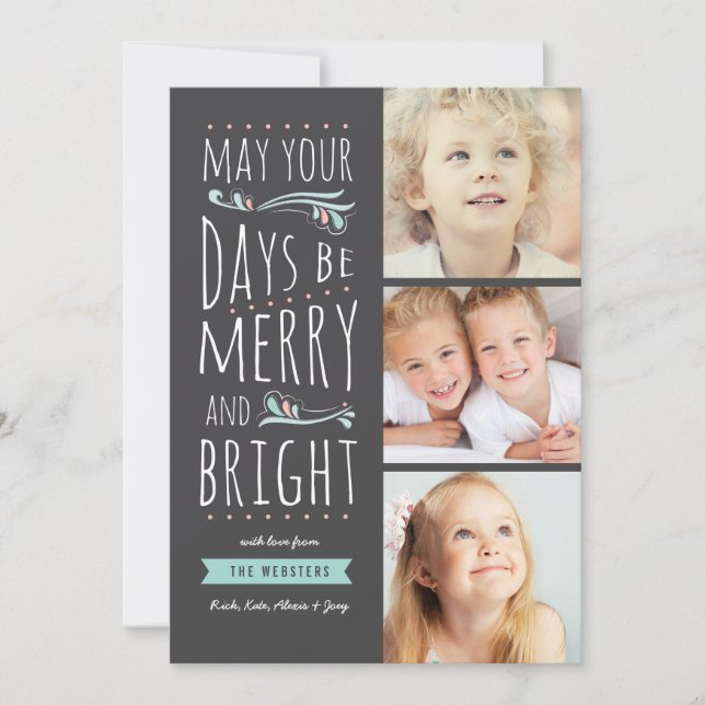 Fanciful Merry & Bright 3 Photo Christmas Card (Front)