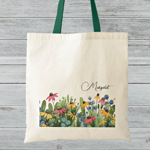 Fanciful Name on Watercolor Summer Wildflowers Tote Bag