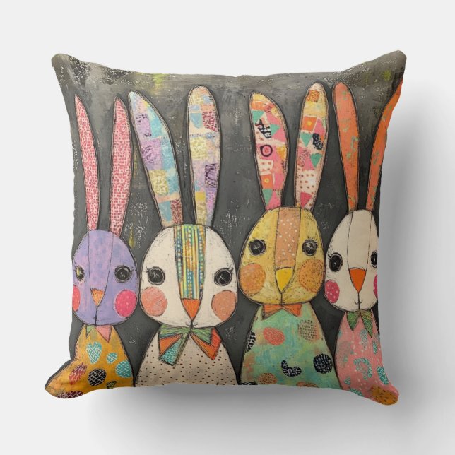 Fanciful Patchwork Easter Bunny Rabbits Throw Pillow (Front)
