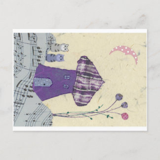 Fanciful Postcard with Purple Mushroom House, Cats