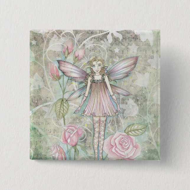 Fanciful Rose Fairy 2 Inch Square Button (Front)