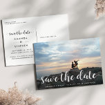 Fanciful Script | Photo Save the Date Announcement Postcard<br><div class="desc">A modern wedding save the date postcard designed to accommodate your favourite horizontal or landscape oriented full-bleed engagement photo. "Save the date" appears as a white text overlay in hand lettered calligraphy script. Personalize with your names, wedding date and wedding location beneath. Postcards reverse to show additional save the date...</div>