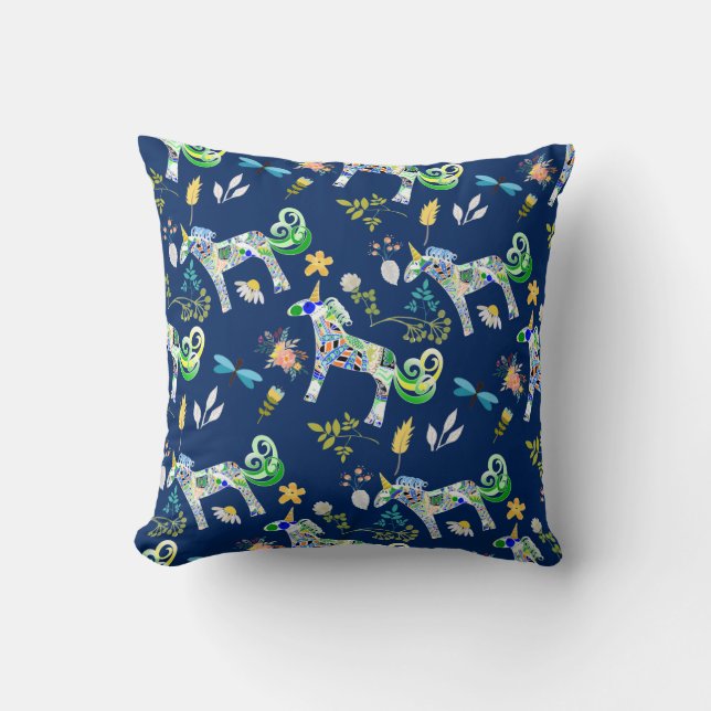 Fanciful Unicorns and Dragonflies Throw Pillow (Front)