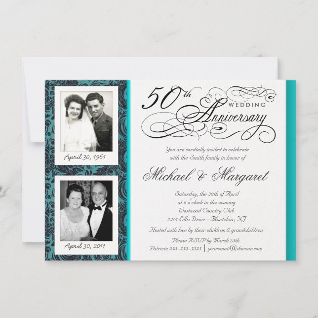 Fancy 50th Anniversary Invitations - Blue Damask (Devant)