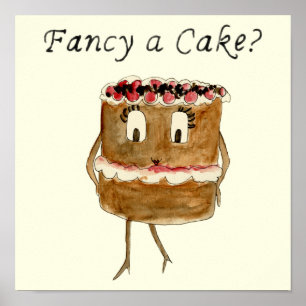 Fancy a Cake Funny Chocolate Cake Quirky Cartoon Poster