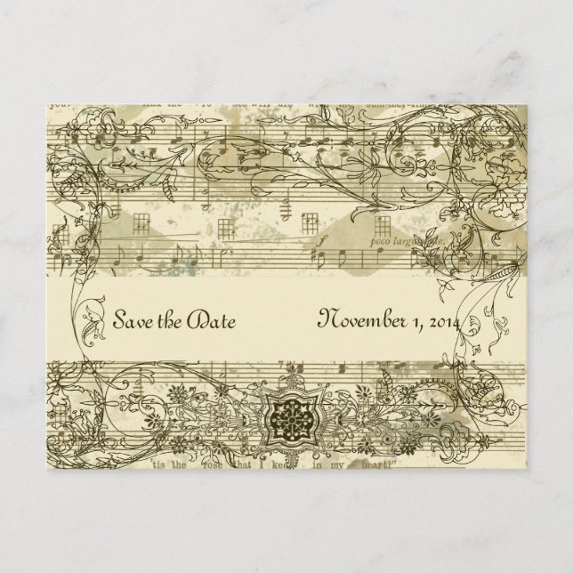 Fancy Antique Music Save the Date Announcement Postcard (Front)