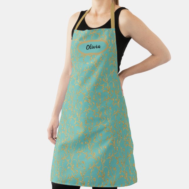Fancy Aqua and Gold Leaf Filigree Personalized Apron (Insitu)