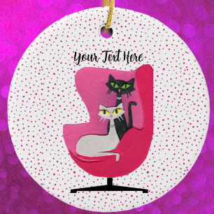 Fancy Atomic Cats in Pink Chair Polka Dots White Ceramic Ornament