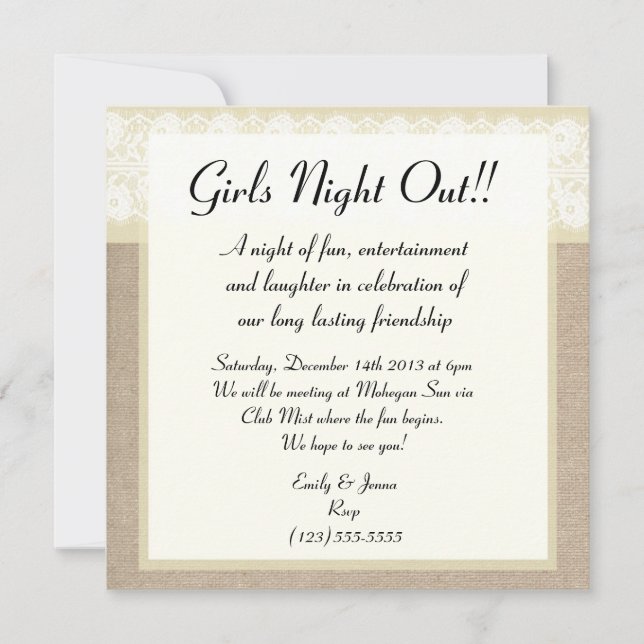 Fancy Beige Burlap Lace Girls Night Out Invitation (Front)