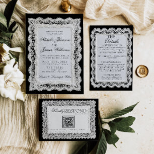 Fancy Blac And  White Lace Old Money Wedding  Invitation