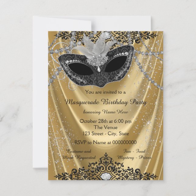 Fancy Black and Gold Masquerade Party Invitation (Front)