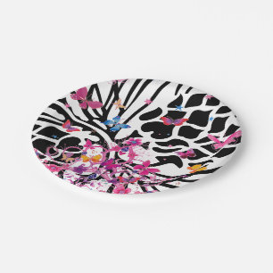 Fancy Black and White Floral Butterfly Paper Plate
