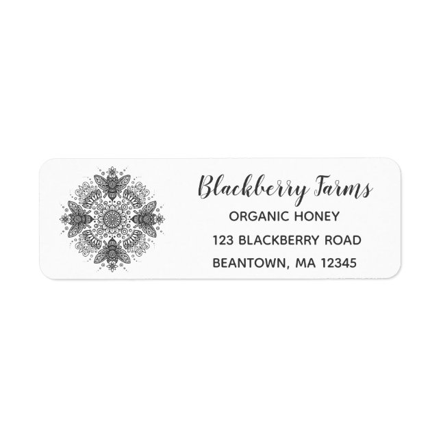 Fancy Black Bee Mandala Honey Business Label (Front)