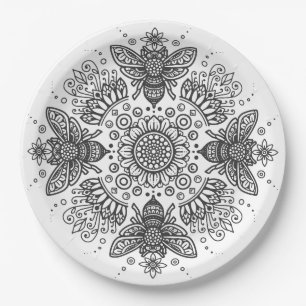 Fancy Black Bee Mandala Paper Plate