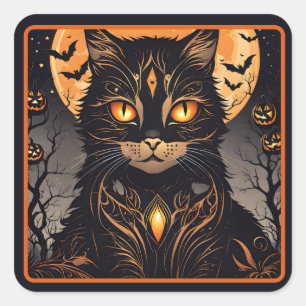 Fancy Black Cat, Bats and Pumpkins Square Sticker