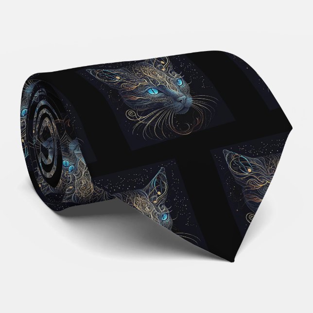 Fancy Black Cat Painting Neck Tie (Rolled)