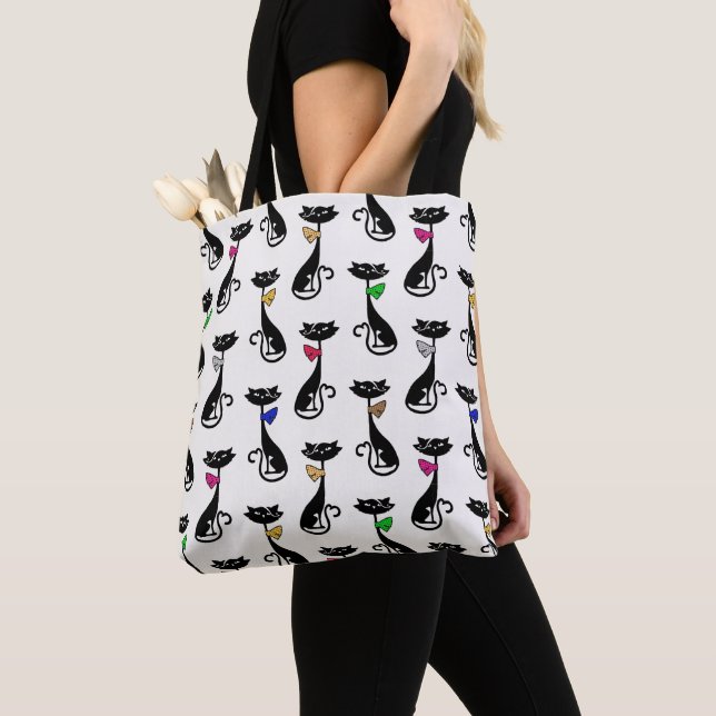 Fancy Black Cats Quirky Pattern Tote Bag (Close Up)