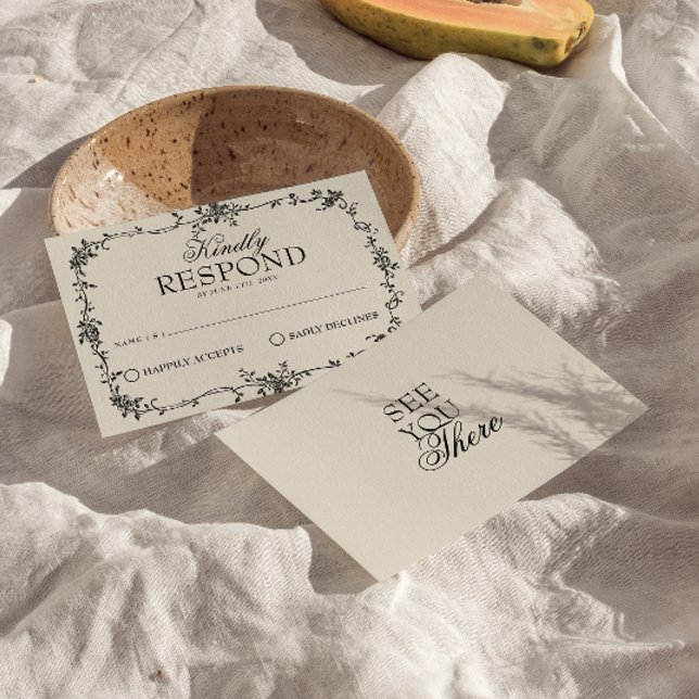 Fancy Black Cream Floral Boho Wedding RSVP Card (Creator Uploaded)