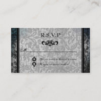 Fancy Black Damask Monogram Reception RSVP Card