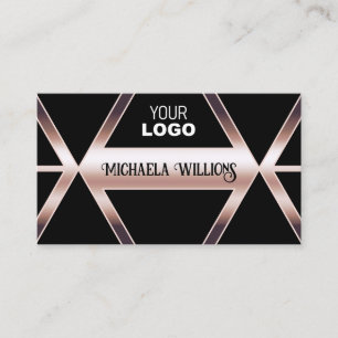 Fancy Black Geometric with Chic Rose Gold and Logo Business Card