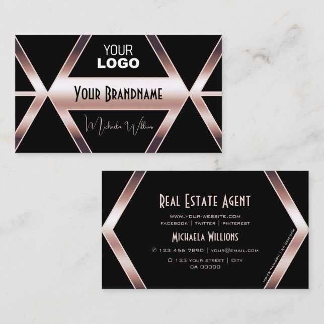 Fancy Black Geometric with Cool Rose Gold and Logo Business Card (Front/Back)