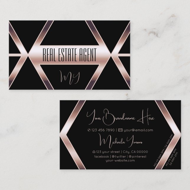 Fancy Black Geometric with Rose Gold and Monogram Business Card (Front/Back)