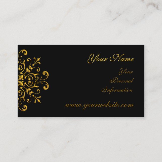 Fancy Black Gold Filigree Business Cards (Front)